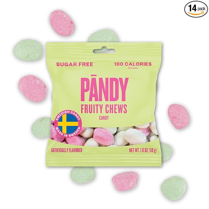 Pandy Swedish Candy Sugar Free Candy Wild Strawberry & Fruity Green Apple 14 Bags - Swedish Candy Mix - Diet Candy Keto Gummy Low Calories Snacks - Healthy Foam Sweets Fruity Chews 14 x 1.8oz