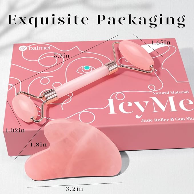 BAIMEI Jade Roller & Gua Sha, Face Roller, Facial Beauty Roller Skin Care Tools, Self Care Gift for Men Women, Massager for Face, Eyes, Neck, Relieve Fine Lines and Wrinkles - Rose Quartz