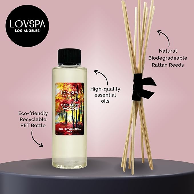 LOVSPA Cashmere Woods Diffuser Oil - Fall Essential Oils for Diffuser Refill & Air Freshener Room Spray - Long-Lasting & Natural Home Fragrance, Scented Oil for Diffusers, USA Made, 4oz