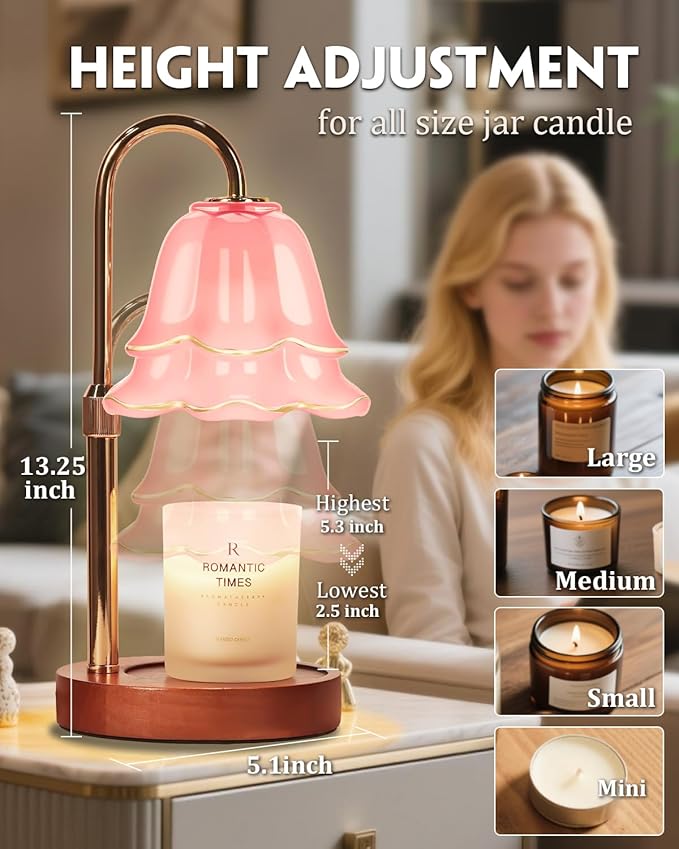 Candle Warmer Lamp with Timer Dimmable, Height Adjustable Birthday Gifts for Women Mom House Warming, Home Decor, Lotus Flower Candle Lamp Warmer 2 Bulbs Inc (Pink-1)