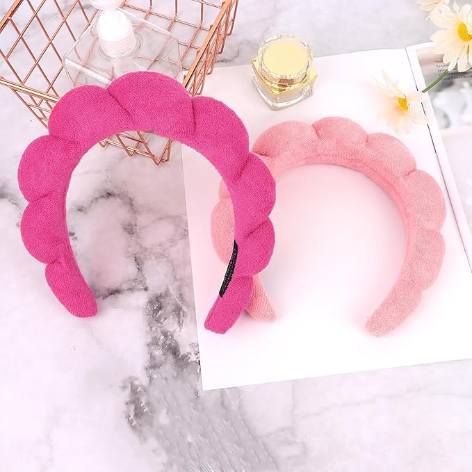 AMCAMI Puffy Spa Headband for Women Sponge Headbands for Girls 2 PCS Terry Towel Cloth Fabric Head Band for Skincare,Makeup Removal,Face Washing,Facial Mask,Shower,Hair Accessories(Red&Light Pink)