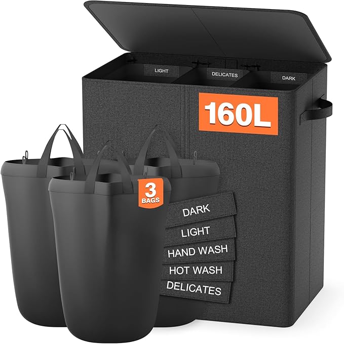 160L Laundry Hamper 3 Section, Dirty Clothes Hamper with Lid for Laundry, Large Laundry Basket with Removable Bags & Labels for Sorting, Hamper 3 Compartment for Laundry Room, Bedroom, Dark Grey
