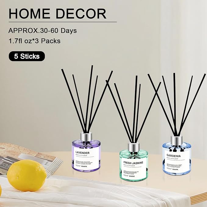 Reed Diffuser Set of 3 Pack,50ML Lavender Jasmine Gardenia Scented Oil Diffuser with 5 Sticks,Home Fragrance Reed Diffuser for Bedroom Bathroom Office (Lavender/Jasmine/Gardenia)