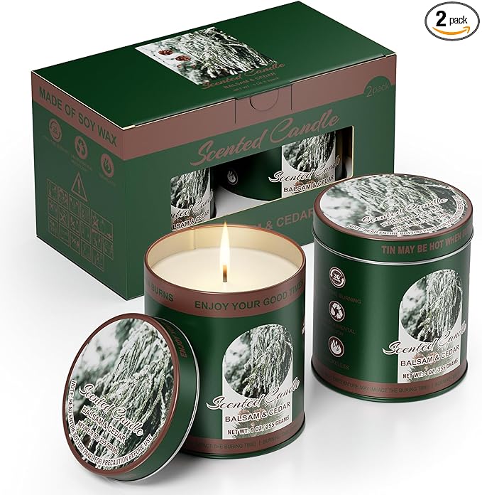 Balsam & Cedar Scented Candle Set | 2 Pack 510g 8% Essential Oils Long-Lasting 60H Burn | Pure Soy Wax Clean-Burning Smoke-Free | Aromatherapy Tin Jar Candles | Colorful Packaging Gift for Men&Women