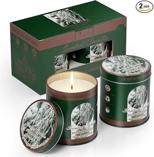 Balsam & Cedar Scented Candle Set | 2 Pack 510g 8% Essential Oils Long-Lasting 60H Burn | Pure Soy Wax Clean-Burning Smoke-Free | Aromatherapy Tin Jar Candles | Colorful Packaging Gift for Men&Women