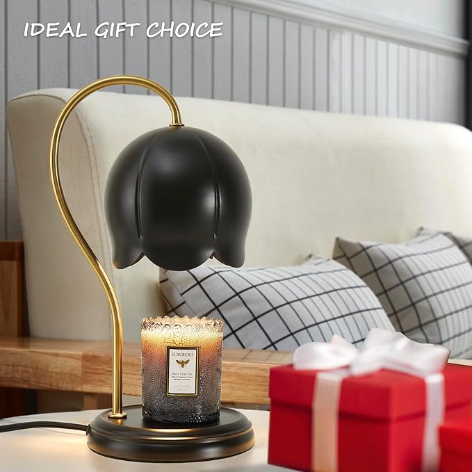 Black Gold Flower Candle Warmer Lamp with Timer Dimmable, Office Decor Elegant Bedroom Scented Wax Light, Christmas Birthday Gifts for Women Man, Large Table Candles Burner