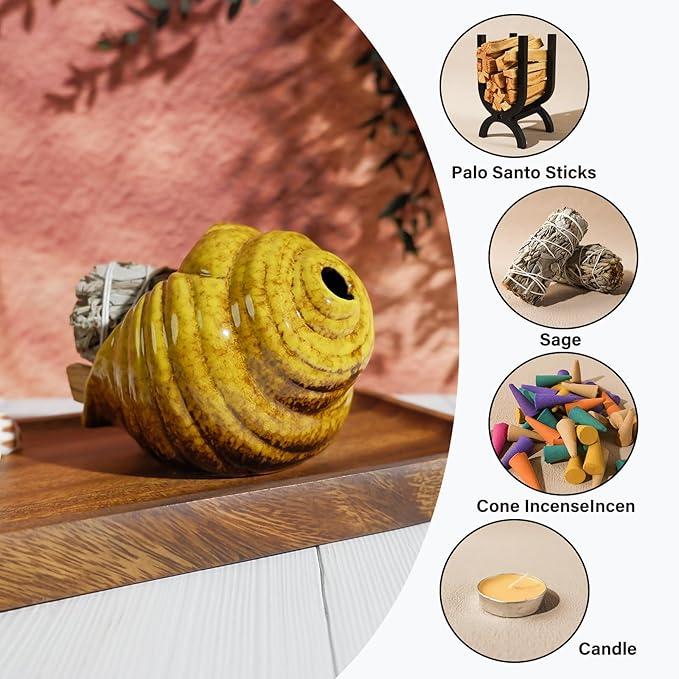 Yellow Ceramic Conch Palo Santo Holder - Mini Chimney Incense Burner, Tabletop Smudge Bowl Compatible with Sage/Sticks/Cones/Copal,for YogaćZen MeditationćWitchcraft, Ideal Altar Decor Gift