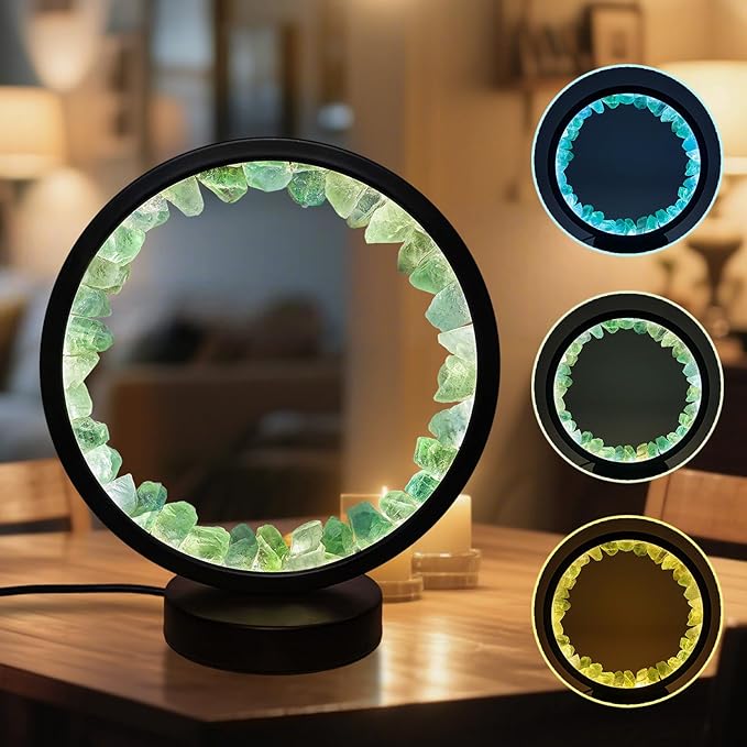 Healing Crystal Bedside Lamp,3 Colors Ambient Night Light,USB Dimming Crystal Table Lamp,Natural Energy Crystal Decor for Bedroom Home Dating Gift (Green, Circle)