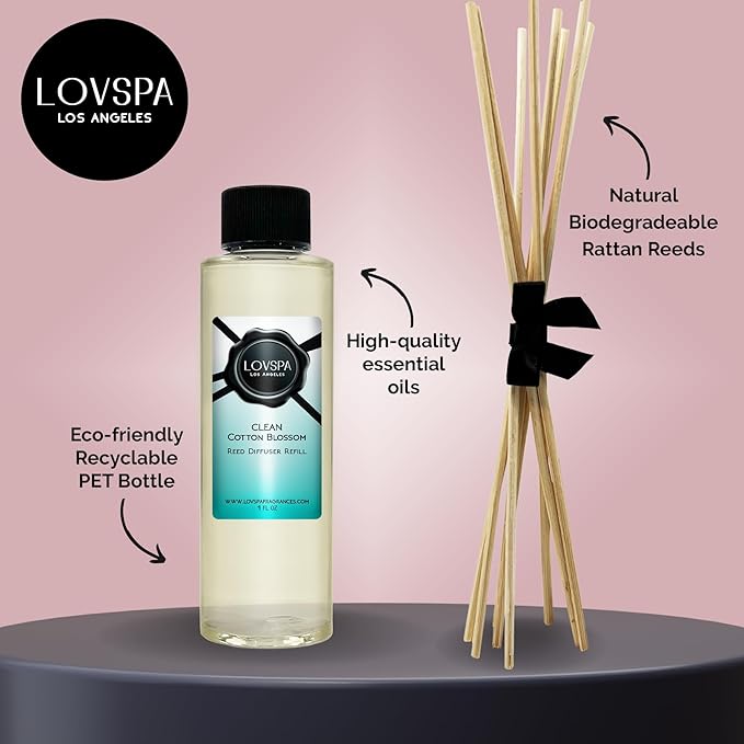 LOVSPA Clean Cotton Blossom Diffuser Oil - Luxury Essential Oils for Diffuser Refill & Air Freshener Room Spray - Long-Lasting & Natural Home Fragrance, Scented Oil for Diffusers, USA Made, 4oz