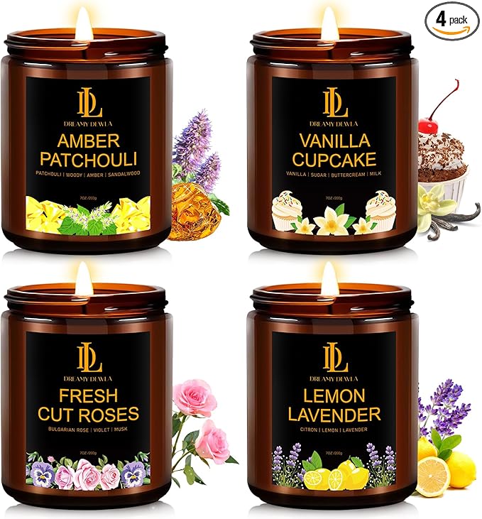 4 Pack Candles for Home Scented, 28 oz Soy Aromatherapy Candle Set, Mother's Day Candle Gifts for Women, Scents of Fresh Cut Roses/Lemon Lavender/Vanilla Cupcake/Amber Patchouli
