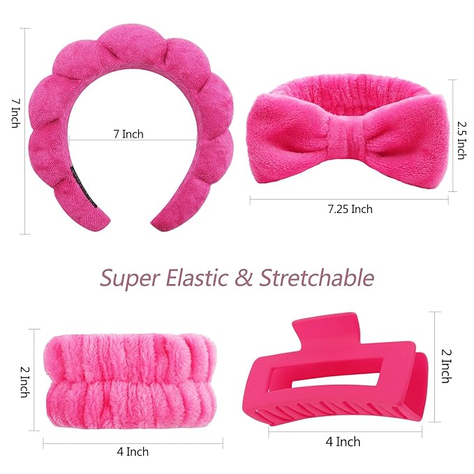 VELSCRUN Spa Headbands for Wash Face, Makeup Headband, Facial Skincare Headbands, 5 Pcs Hot Pink Puffy Sponge Spa Headband Bow Tie Hair Band Hair Clips Wristband Set Women Girls Accessories