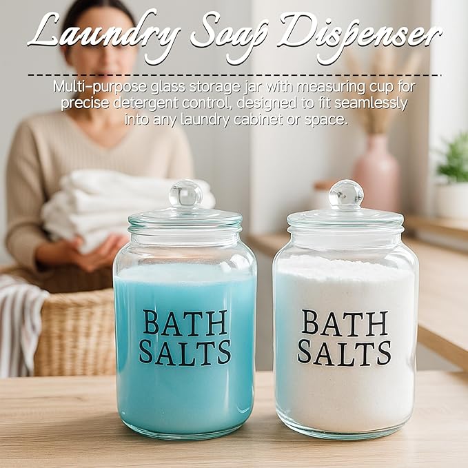 2 Pack 101 oz Bath Salt Container, Bath Salts Glass Jar with Bath Salt Scoop, Large Glass Jar with Lid, Laundry Detergent Jar W. Measuring Cup
