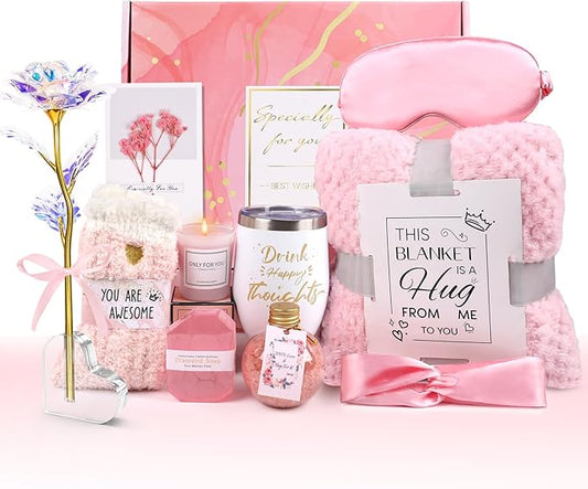Birthday Gifts for Women Self Care Gifts Get Well Soon Gifts, Rose Relaxing Spa Gifts Basket Care Package, Luxury Flannel Blanket, Thanksgiving Christmas Gifts for Mom Her Grandma Friend Sister Wife