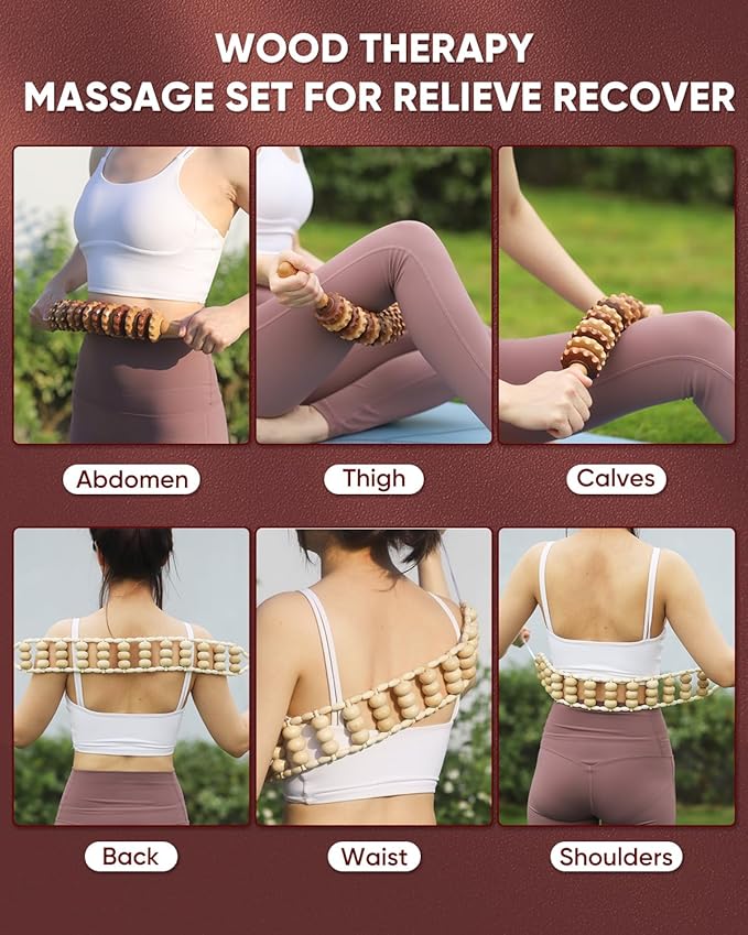 ONUEMP 2PCS Wood Therapy Massage Tools, Wooden Massage Roller Stick & Back Massager Roller Rope, Maderoterapia Kit Colombiana for Lymphatic Drainage, Anti Cellulite, Body Sculpting, Ease Deep Tissue