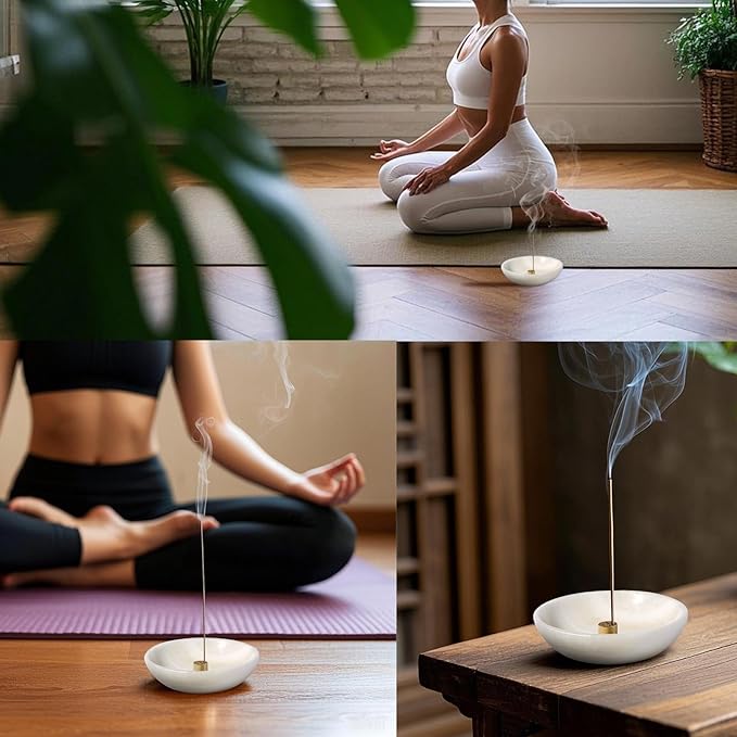 Koville Natural Marble Incense Holder, Incense Holder for Sticks with 9 Holes, Handmade Incense Burner Ash Catcher for Meditation Yoga SPA, Balsam Fir/Palo Santo/Sage/Cone (White)