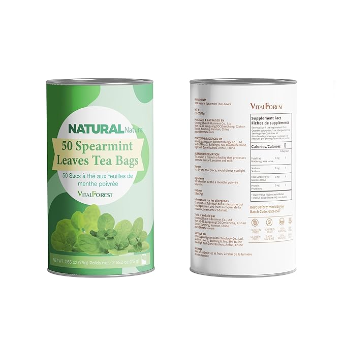 60 Spearmint Tea Bags - VitalForest Premium Dried Spearmint Leaves - Spear Mint Tea - Refreshing & Minty, Caffeine Free, Corn Fiber Tea Bags, Canister Pack for Freshness