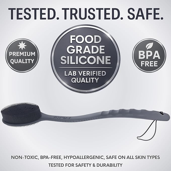 Avilana Silicone Body Scrubber – Gentle Shower Brush & Loofah Alternative- Food Grade & Lab Tested – Fast-Drying, Hygienic, BPA-Free Silicone Body Gentle Exfoliator (Dark Gray, Long Handle)