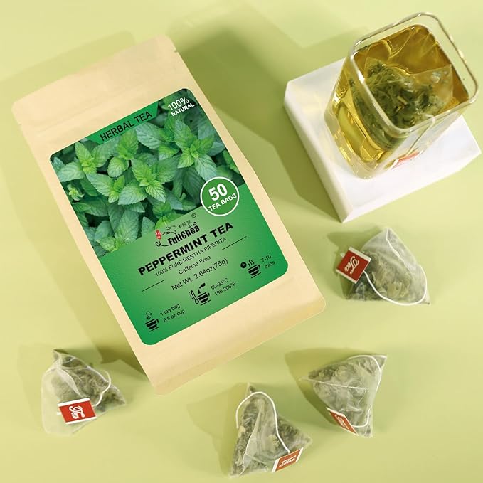 FullChea - Peppermint Tea Bags, 50 Teabags - Premium Peppermint Leaves - Refreshing & Minty - Non-GMO - Caffeine-free - Freshen Breath & Aid Digestion