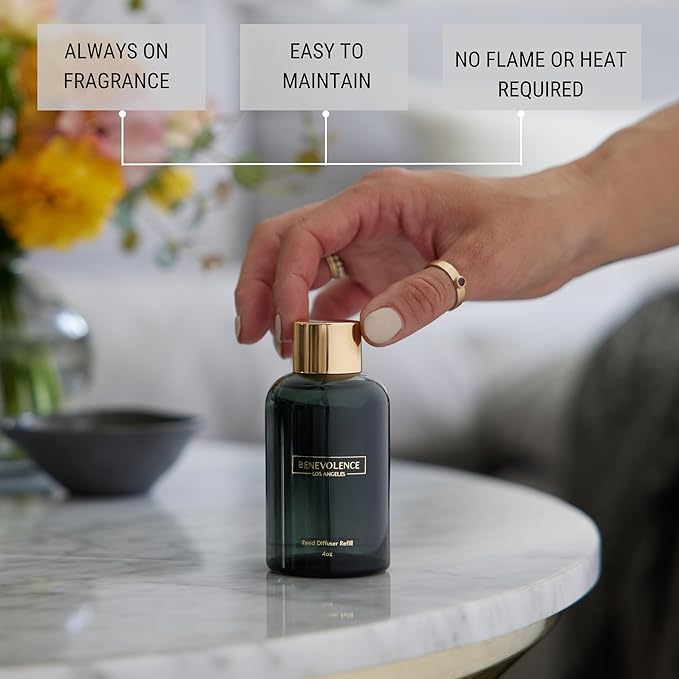 Benevolence LA Rose & Sandalwood Reed Diffuser Oil Refill | Long Lasting Home Fragrance for Bathroom and Bedroom | Essential Oils for Relaxation - 4 oz