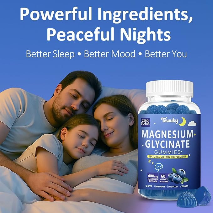 Magnesium Glycinate Gummies 400mg - Sugar Free Vegan Gummies for Adults & Kids with Vitamin D3, B6, C, CoQ10, Collagen, Zinc - Sleep, Muscle, Bone & Memory Support - 60 Blueberry Chewables