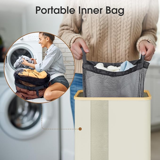 Laundry Basket Clothes Hamper with Lid and Pocket Large Collapsible Laundry Baskets with Handle, Freestanding Hampers for Bedroom Aesthetic, Dorm, Bathroom, Laundry Room (80L, Beige)