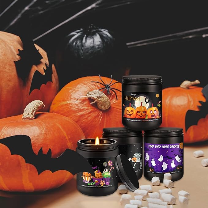 4 Pack Black Halloween Scented Candles -7oz Soy Wax Candles with Essential Oils (Rosemary, Vanilla, Gardenia, Lavender) -for Halloween, Christmas, Home Decor