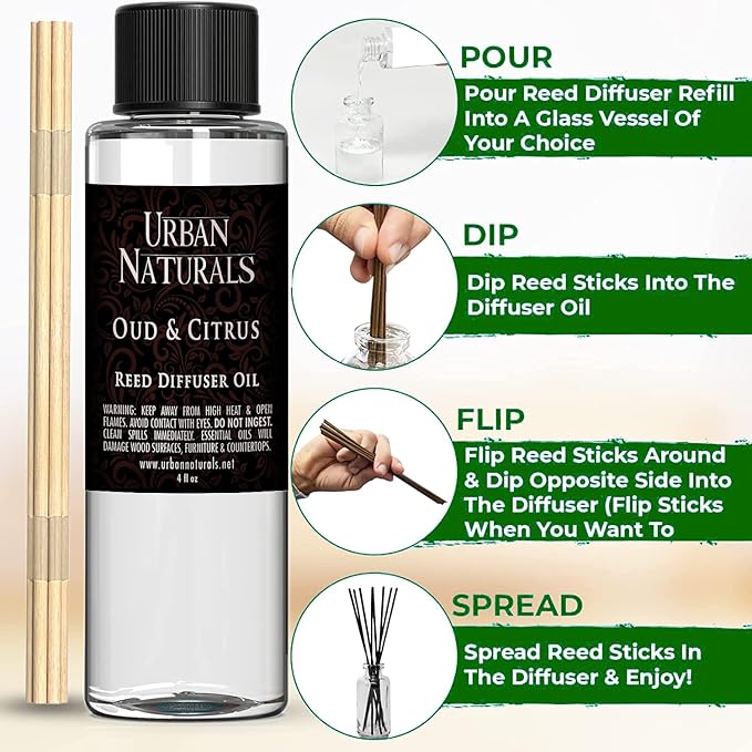 Urban Naturals Reed Diffuser Oil Refill, Oud & Citrus Diffuser Oils with Oud, Cedar, Citrus, Amber, 4 oz + Free Reed Sticks, Made in The USA