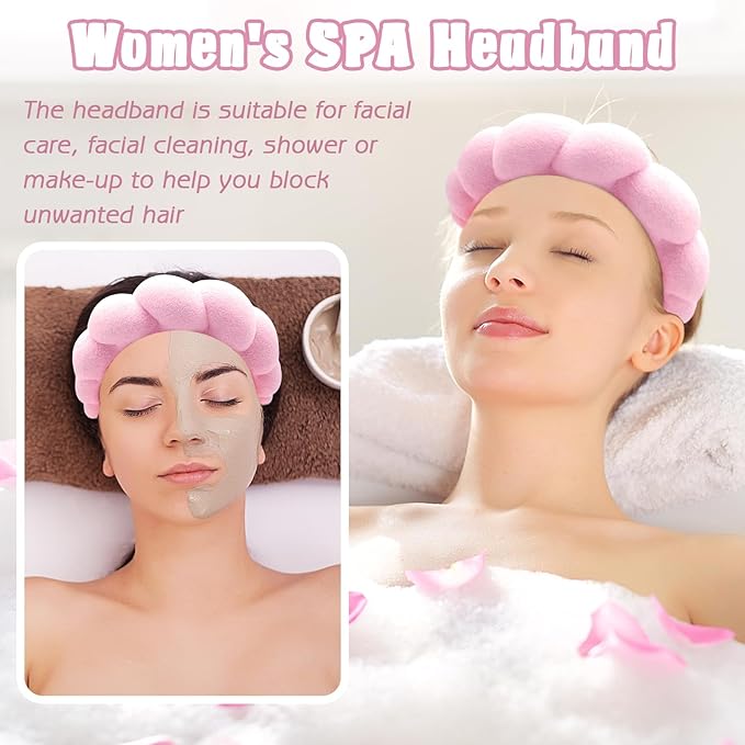 Zkptops Spa Headband for Washing Face Wristband Set Sponge Makeup Skincare Headband Terry Cloth Bubble Soft Get Ready Hairband Women Girl Puffy Padded Headwear Non Slip Thick Hair Accessory(Pink-2)