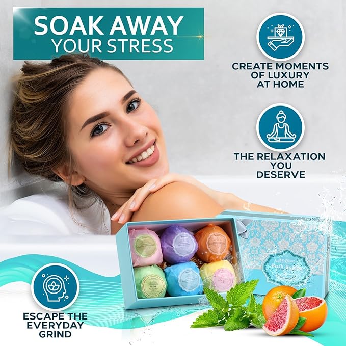 Bath Bombs Gift Set - 6 XXL Bubble Bath Fizzies (4.1 oz Each) with Natural Dead Sea Salt Cocoa and Shea Essential Oils - Best Gift Idea for Birthday, Mom, Woman, Girl, Him, Kids