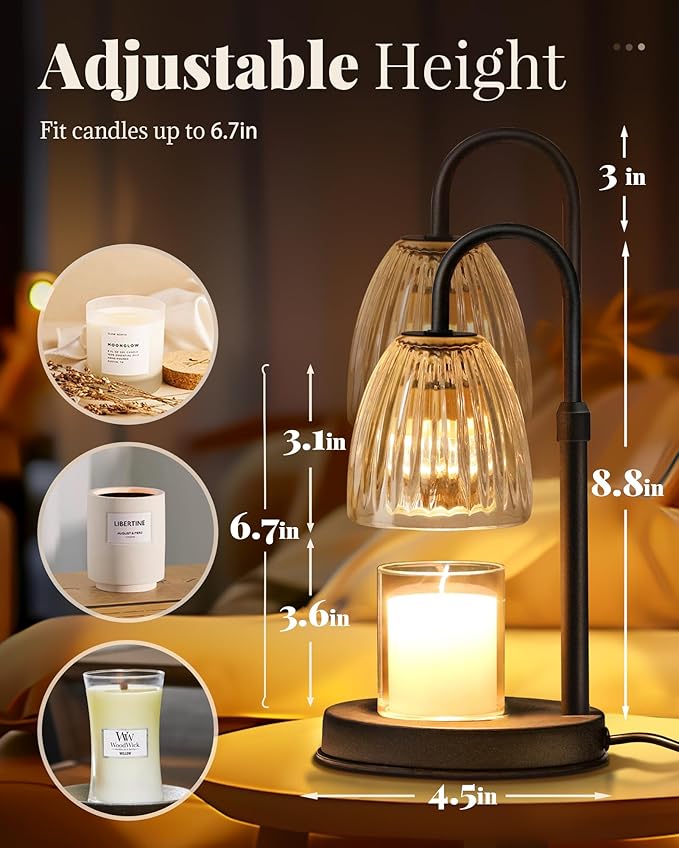 Dimmable Candle Warmer Lamp with Timer Adjustable Height, Birthday Gifts for Women, Home Decor Housewarming Gifts for Mom, Modern Electric Wax Melt Warmer for Scented Jar Candles, Black