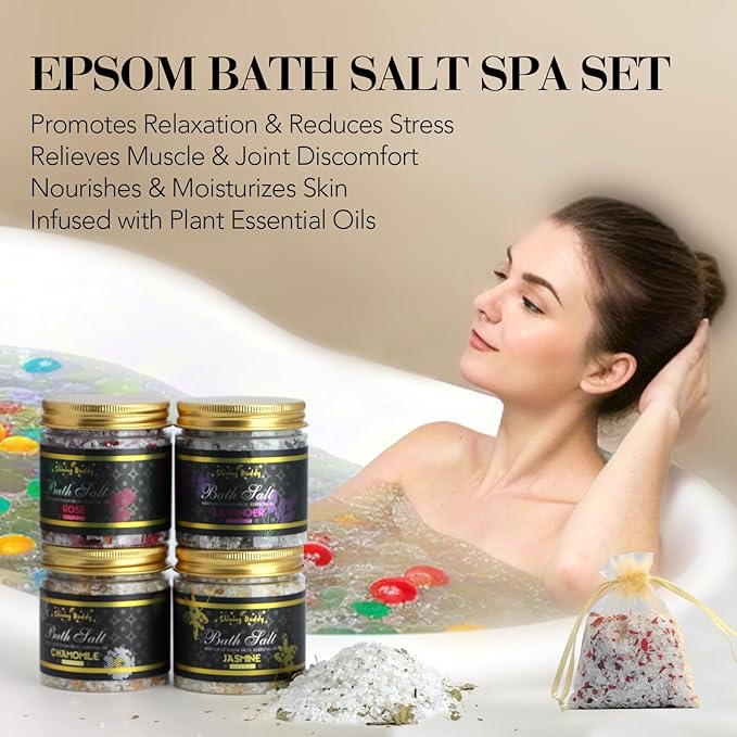 Epsom Bath Salts for Soaking Lavender, Eucalyptus & Rose Bath Salts for Women Relaxing,6pc Self Care Gift Set with Chamomile & Mint Spa Grade Muscle Relief,Natural Essential Oils,Sensitive Skin Safe