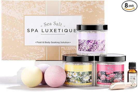 spa luxetique Bath Salts, 8pcs Bath Salts Gift Set with Argan Oil, Bath Bombs, Wooden Scoop, Epsom Salt for Soaking in Lavender, Rose, Chamomile Scent, Mother's Day Gifts