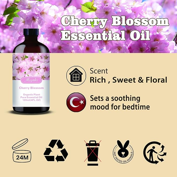 Cherry Blossom Essential Oil-Cherry Blossom Fragrance Oil 4.33oz (130ml)-100% Pure Natural Scent for Diffusers, Candles, Soap Making & Aromatherapy-Relaxing Home & Gift Essential Oil for Bath, Massage