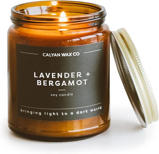 Calyan Wax Co. Soy Wax Candle, Lavender + Bergamot Scented Candle, 57 Hour Burn Time, Aromatherapy Soy Candles, Non Toxic & Vegan Soy Wax, Amber Glass Jar Scented Candles, 7.2oz