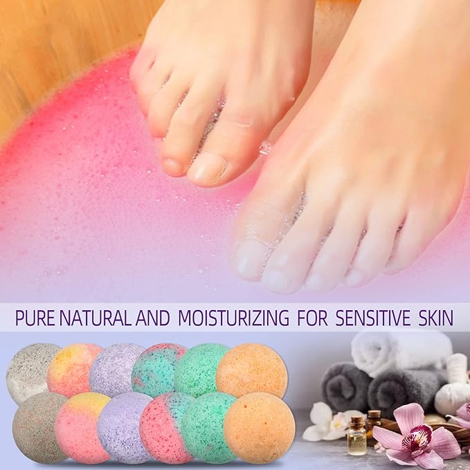 Foot Bath Bombs 12 Pack,Organic Foot Soak with Bath Salt,Foot Spa Bomb Rich Essential Oils for Dry Cracked, Athletes Foot, Stubborn Foot Odor Scent,Tired Sore Feet