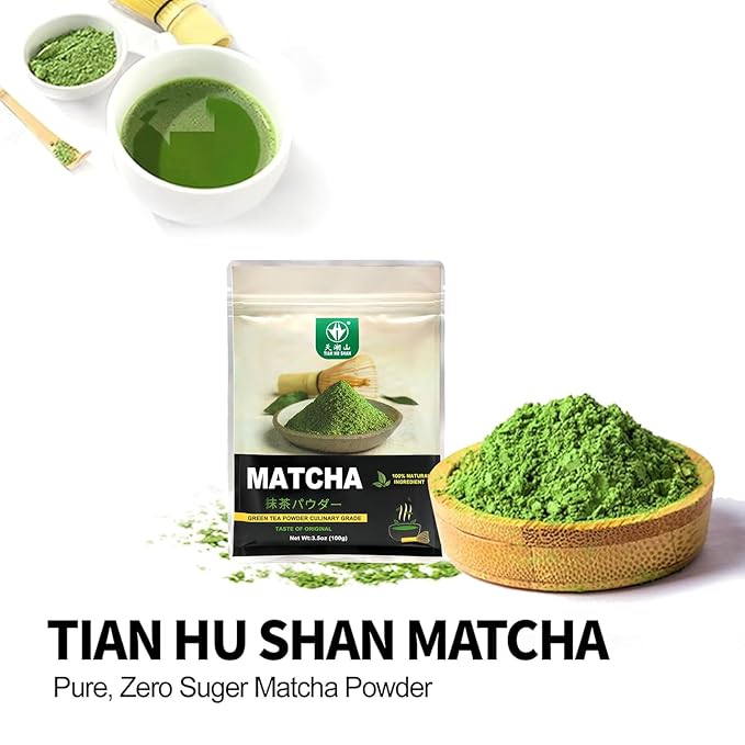 TIAN HU SHAN Matcha Green Tea Powder 3.5oz/100g, Pure Matcha Powder Culinary Grade Unsweetened for Lattes, Cooking, Baking, Vegan 100% Natural (Package May Vary)