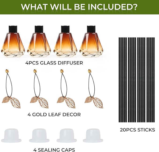 Reed Diffuser Set - 4 Empty Bottles With 20 Sticks, Delicate Gold Leaf Decor, Glass Fragrance Diffuser With Lids for Home, Bathroom | Refillable, Diamond Style Black