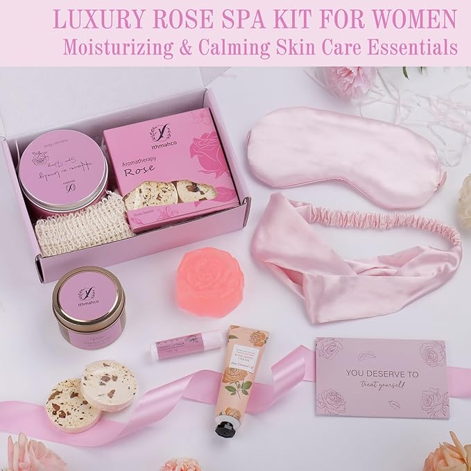 Spa Gifts for Women, Bath Gift Baskets, Birthday Relaxing Spa Self Care Gifts for Women, Home Rose Bath Shower Care Package, Thank You Gift for Woman Mom Her Sister Wife Aunts Friends Coworker