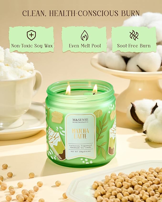 M&SENSE Matcha Latte Scented Candle, 11.6oz Natural Soy Wax, 70 Hours Long Lasting Clean Burn, Green Tea Creamy Aroma for Stress Relief, Non-Toxic Relaxing Aromatherapy Gifts for Women