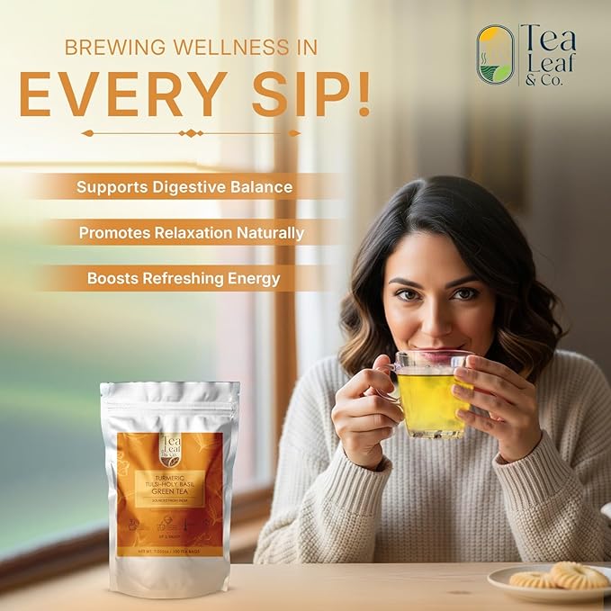 Tealeaf & Co. Turmeric Tulsi Holy Basil Green Tea - Turmeric, Tulsi & Peppermint Tea Blended with Fresh Herbs & Spices - Low Caffeine & Vegan - 100 Teabags (7.055oz/200gm)