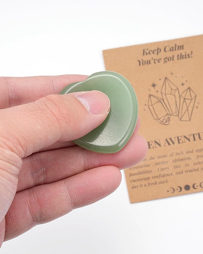 QianCannaor Green Aventurine Heart Shaped Worry Stone for Adults ⢠Crystals and Healing Stones for Anxiety, Stress Relief, Meditation & Keep Calm ⢠Pocket Palm Stone with Affirmation Card