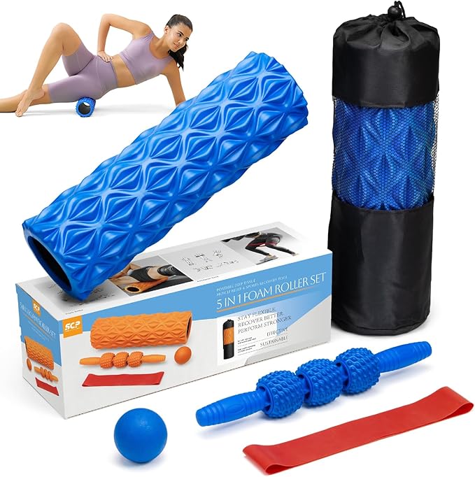 5 in1 Foam Roller Set, Trigger Point Foam Roller, Massage Roller Stick, Massage Ball, Resistance Band for Deep Muscle Massage Pilates Yoga,Fitness Exercise for Whole Body (Pure Blue)