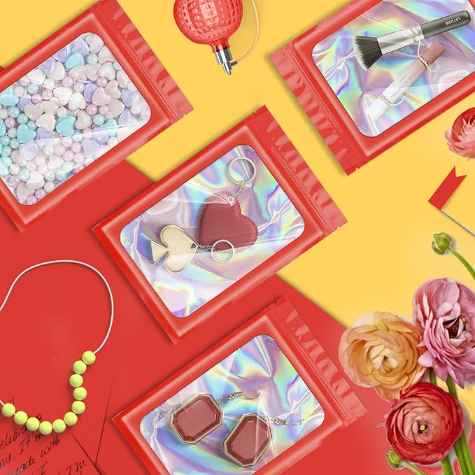 100 Pieces Smell Proof Mylar Bags, Holographic Packaging Bags, Resealable Odor Foil Pouch Zipper Bag with Clear Window for Food Storage and Lipgloss, Jewelry Lash (Red, 4 x 6 Inch)