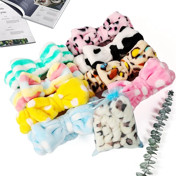 TDHDIKE Spa Headband Bow Facial Makeup Headband(9 Pcs),Soft Headband for Shower Washing Face, Extra Add 5 Gift Bags, Nice Gifts for Women Girls.