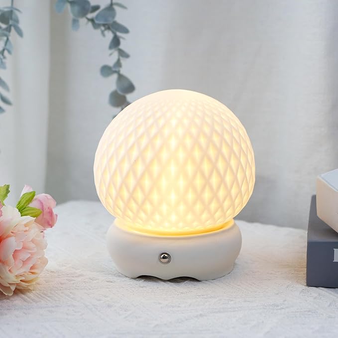 JHY DESIGN Ceramic Spherical Decorative lamp 6" H Rechargeable Table Lamp Dimmable Touch Control Desk lamp for Home Bedroom Living Room Outdoors(Diamond Pattern)