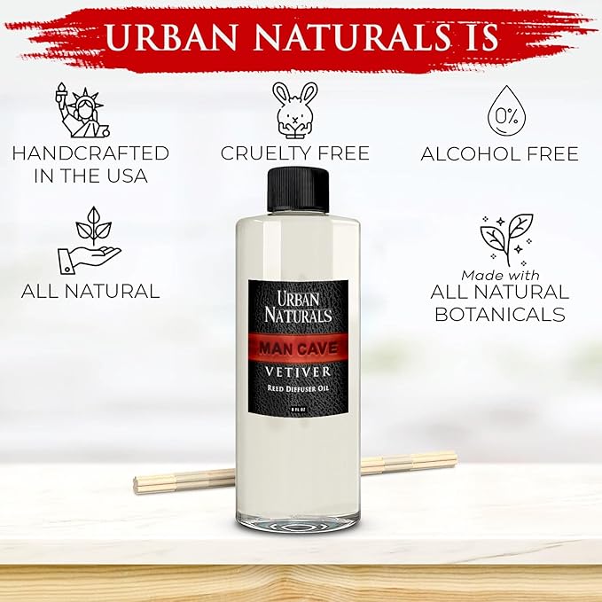 Urban Naturals Reed Diffuser Oil Refill Man Cave Vetiver with Oud, Amber, Frankincense 8 oz + Free Reed Sticks, Made in The USA