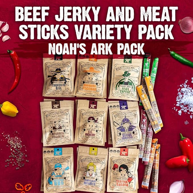 Righteous Felon Beef Jerky and Meat Sticks Variety Pack, High Protein, Low Carb, Low Sugar, Gluten Free, Healthy Snacks for Adults and Kids, Made with Premium Meats, Gifts for Men (Noah's Ark 26 Pack)