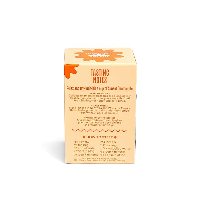 JusTea Sunset Chamomile | Herbal Tea Bags, Caffeine-Free, Organic Chamomile Tea | Fair-Trade | Plastic-Free Tea Bags | Vegan, Sugar-Free, Gluten-Free | 16 Tea Bags