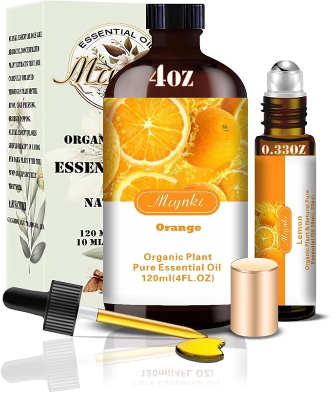 Orange Essential Oil,Roll-on Orange Oil Set (4 Fl Oz x1 + 0.33 Fl Oz x1) - 100% Natural, Diffuser, Massage, Yoga, DIY Soap and Candle Making, Fragrance Oils, Spa Care