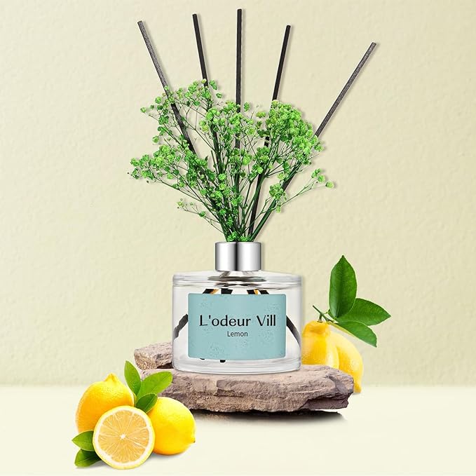 L'OEUR Vill Reed Diffuser Set - 6.7 oz (200ml) Lemon Scented Home Fragrance with 6 Oil Diffuser Sticks for Large Rooms & Bathrooms